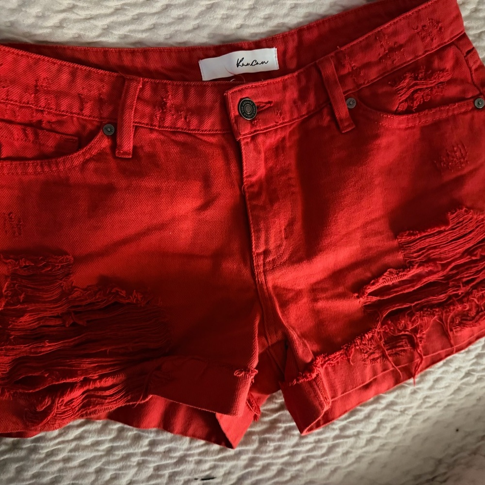 KanCan Red Distressed Denim Shorts